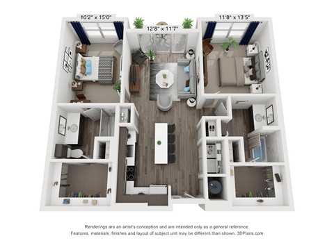 Floor plan for 2 beds, 2 baths, 1095 sqft
